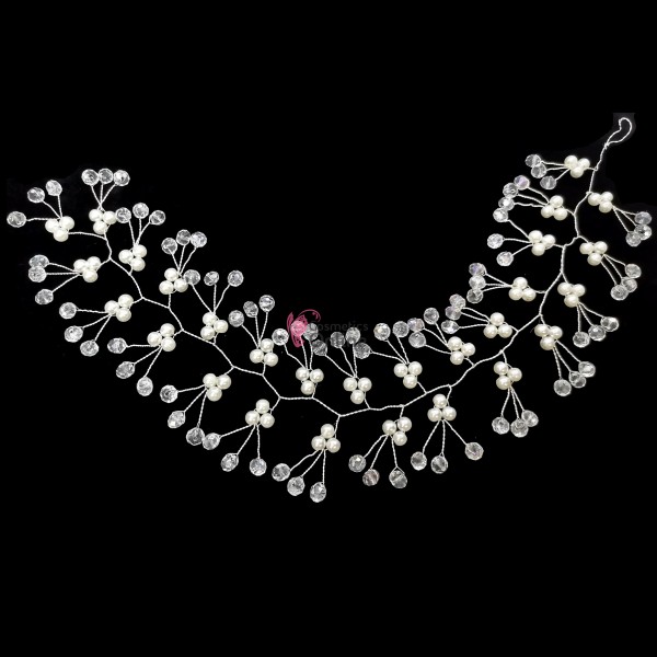 Accesoriu modern pentru decor par WED45II Argintiu cu cristale si perle de 35cm